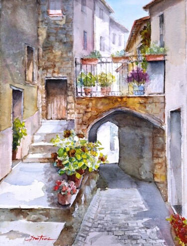 Painting titled "ruelle en provence" by Jean Senterre, Original Artwork, Watercolor Mounted on Cardboard