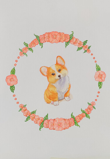 Corgi with Flax Flowers, Gentle Orange Σχέδιο με τίτλο "Corgi with Flax Flo…" από Eva Mendas, Αυθεντικά έργα τέχνης, Ακουαρέλα