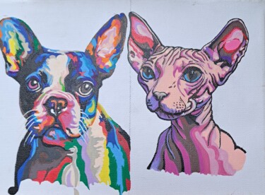 Painting titled "Boston Terrier and…" by Madeline Grunert, Original Artwork, Acrylic