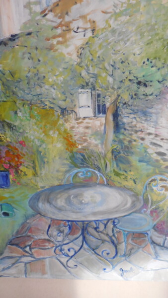 Schilderij getiteld "Le Jardin bleu en a…" door Mathilde Groult, Origineel Kunstwerk, Olie Gemonteerd op Frame voor houten b…