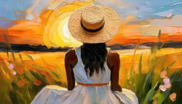 Serene Oil Painting Woman in Straw Hat Basking in Sunset Glo Painting titled "Serene Oil Painting…" by Jacek Dudziński, Original Artwork, AI generated image
