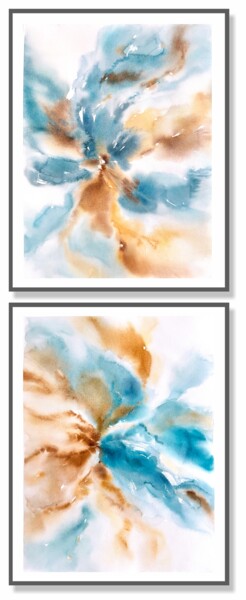 Diptych with abstract flowers Pittura intitolato "Diptych with abstra…" da Olya Grigorevykh, Opera d'arte originale, Acquarello
