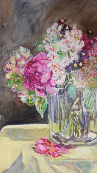Schilderij getiteld "Bouquet d'hiver" door Mathilde Groult, Origineel Kunstwerk, Olie Gemonteerd op Frame voor houten branca…