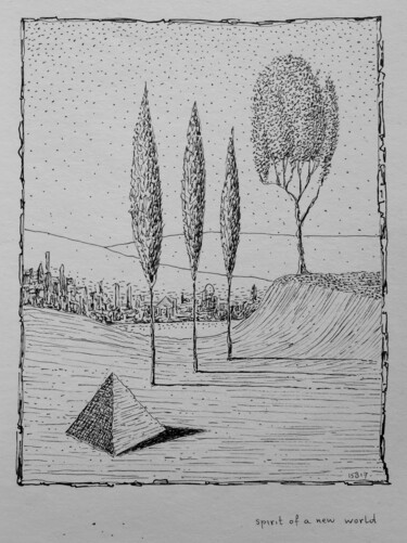 Disegno intitolato "Spirit of a new wor…" da Milto Sideris, Opera d'arte originale, Inchiostro