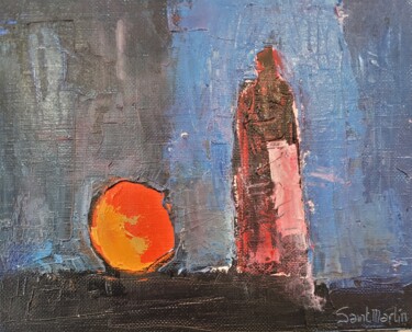 Painting titled "orange et bouteille" by Jean-Luc Saint-Martin, Original Artwork, Oil Mounted on Wood Stretcher frame