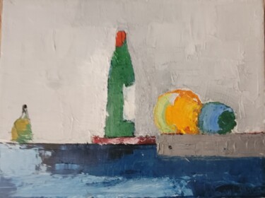 Painting titled "Bouteilles et fruits" by Jean-Luc Saint-Martin, Original Artwork, Oil