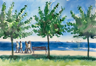 Harbor Walk – watercolor in green and blue colors Schilderij getiteld "Harbor Walk – water…" door Katerina Morozova, Origineel Kunstwerk, Aquarel