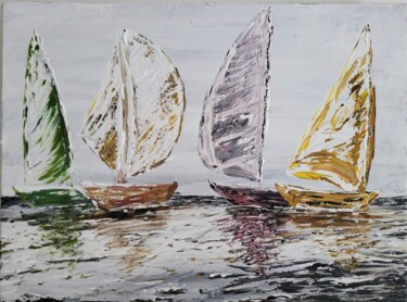 Schilderij getiteld "Bateaux bonbons" door Lala Artist M, Origineel Kunstwerk, Acryl Gemonteerd op Frame voor houten brancard