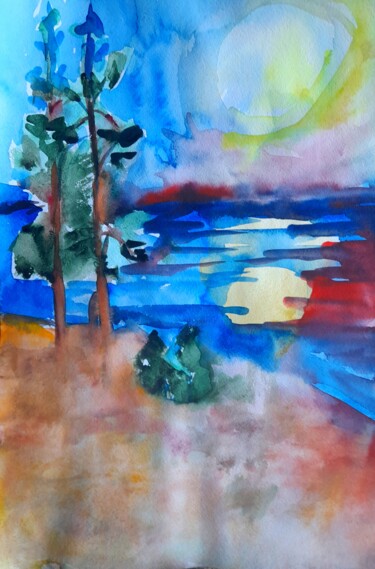 绘画 标题为“Evening lake” 由Alexey Zhucovsky, 原创艺术品, 水彩