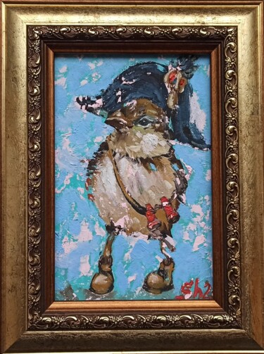 Bird in Hat Original Framed Sparrow Napoleon Painting 绘画 标题为“Bird in Hat Origina…” 由Svetlana Sindere, 原创艺术品, 油 安装在纸板上