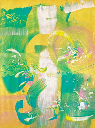 Painting titled "GREEN FLOW SUN LOVE" by Delphine Bernard, Original Artwork, Acrylic Mounted on Other rigid panel