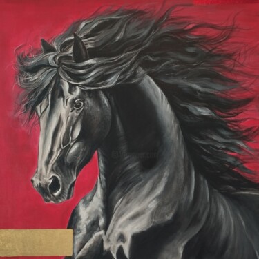 Pittura intitolato "Black horse" da Valentyna Loboda, Opera d'arte originale, Acrilico Montato su Telaio per barella in legno