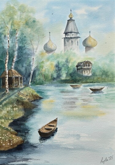 Malerei mit dem Titel "Lake in the forest" von Nataliya Gulina, Original-Kunstwerk, Aquarell