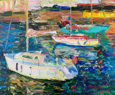 Pittura intitolato "Перед закатом. Яхт-…" da Vasilii Shikhanov, Opera d'arte originale, Olio Montato su Telaio per barella i…