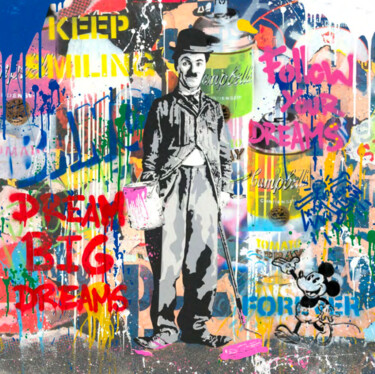 Peinture intitulée "Chaplin, 2022, Mr.…" par Mr. Brainwash, Œuvre d'art originale, Graphite Monté sur Métal