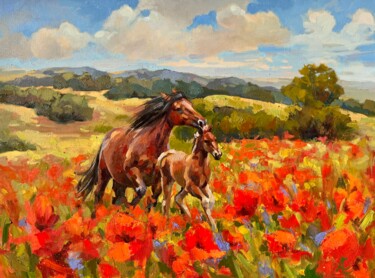 Un cheval et son poulain. Peinture à l’huile 绘画 标题为“Un cheval et son po…” 由Elena Recondo, 原创艺术品, 油 安装在木质担架架上