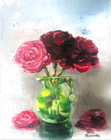 Schilderij getiteld "Roses dans un vase" door Lola Jumaeva Novikova, Origineel Kunstwerk, Olie