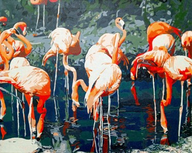Картина под названием "Flamingo watering h…" - Анатолий Рабков, Подлинное произведение искусства, Акрил Установлен на Деревя…