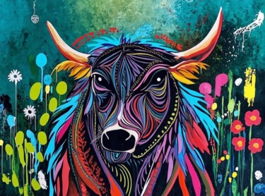 数字艺术 标题为“Mystic Bull in bloom” 由Samuel Kizza, 原创艺术品, 数字油画