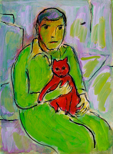 绘画 标题为“Prévert et son chat” 由Jean Mirre, 原创艺术品, 油