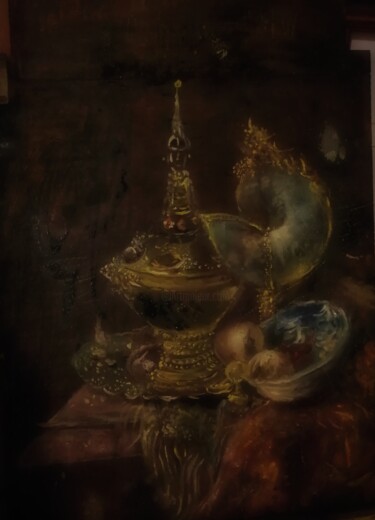 Nature Morte Orientale Ornée d'un Récipient et un Verre "Nature Morte Orient…" başlıklı Tablo Amazeigh Bouzékri tarafından, Orijinal sanat, Petrol Ahşap panel üzerine monte edilmiş