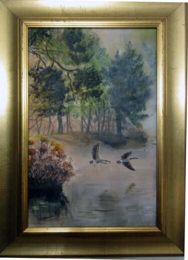 Peinture intitulée "chasse aux canards0" par Renée Estebanez, Œuvre d'art originale, Huile Monté sur Châssis en bois