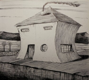 Abandoned 'Cliffhanger'-house Dessin intitulée "Abandoned 'Cliffhan…" par Milto Sideris, Œuvre d'art originale, Stylo à bille