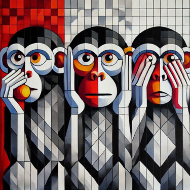 The Three Wise Monkeys Cubist 数字艺术 标题为“The Three Wise Monk…” 由Lee Eggstein, 原创艺术品, 丙烯 安装在木质担架架上