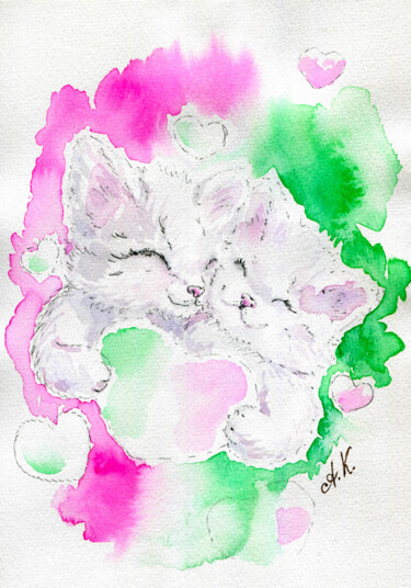 Cute Baby Cats Watercolor Art - Pink & Green Ink Wash