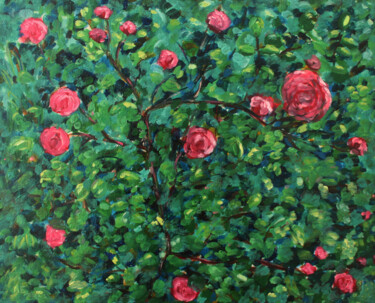 Painting titled "Кустик роз в саду" by Alexey Beregovoy, Original Artwork, Oil Mounted on Wood Stretcher frame