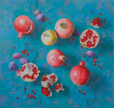 Painting titled "Pomegranates in wei…" by Art Trio Uz, Original Artwork, Oil Mounted on Wood Stretcher frame