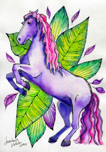 Whimsical Purple Horse Art - Watercolor Fantasy