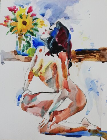 绘画 标题为“Nude with Sunflower…” 由Jelena Djokic, 原创艺术品, 水彩