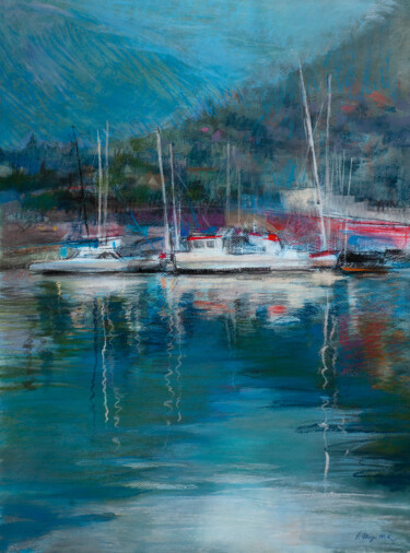 Dibujo titulada "Harbour in Norway" por Oksana Shulga, Obra de arte original, Pastel