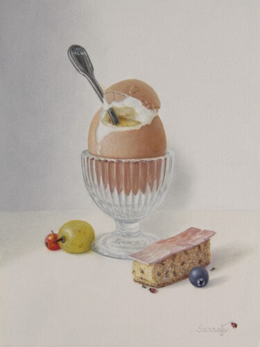 Dégustation de l'œuf à la coque et sa mouillette Painting titled "Dégustation de l'œu…" by Reza Sarrafi, Original Artwork, Oil