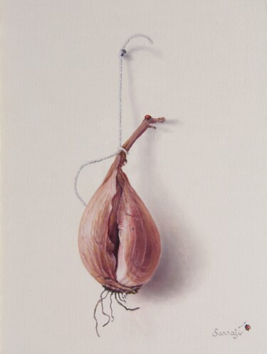 Peinture intitulée "L'échalote suspendu…" par Reza Sarrafi, Œuvre d'art originale, Huile
