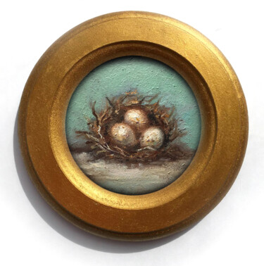 Original Painting small nest framed eggs easter gold bird Painting titled "Original Painting s…" by Valerie Serova, Original Artwork, Oil