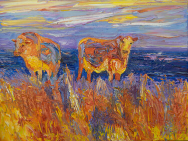 Kuh und Bulle auf der Wiese am Meer Malerei mit dem Titel "Kuh und Bulle auf d…" von Ute Meyer, Original-Kunstwerk, Öl