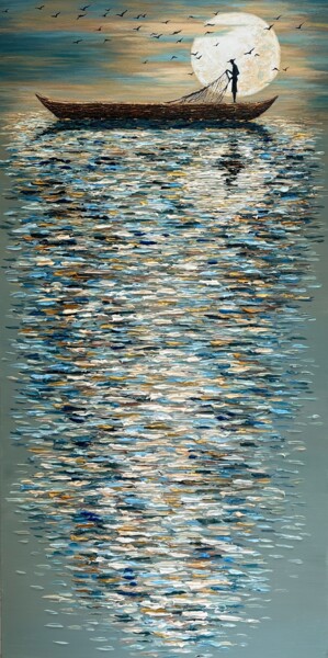 Moonlit Fisherman 绘画 标题为“Moonlit Fisherman” 由Anna Clark, 原创艺术品, 油 安装在木质担架架上