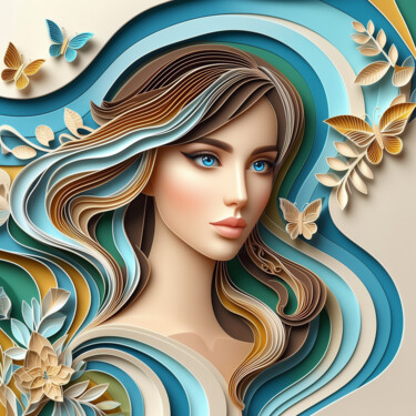 Golden Serenity: A Digital Papercraft Portrait 数字艺术 标题为“Golden Serenity: A…” 由Alberto Capitani, 原创艺术品, AI生成的图像