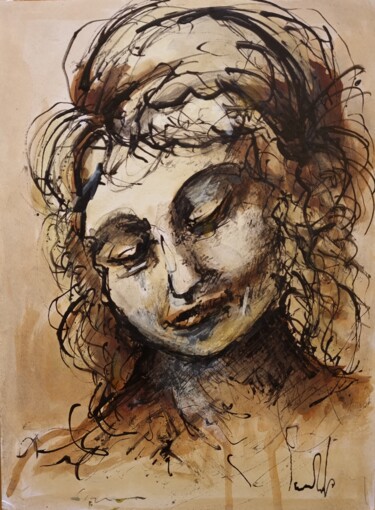 Peinture intitulée "Jeune fille, La Sca…" par Pierre Milosavljevic, Œuvre d'art originale, Encre Monté sur Carton