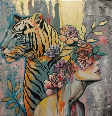 绘画 标题为“Tiger tenderness” 由Valentyna Loboda, 原创艺术品, 丙烯 安装在木质担架架上