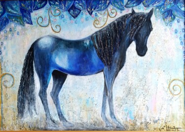 绘画 标题为“(blue horse)” 由Shorena Mosiashvili, 原创艺术品, 油 安装在木质担架架上