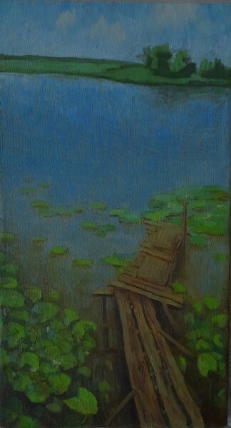 Schilderij getiteld "Плотик" door Varvara Kalasnikova, Origineel Kunstwerk, Olie Gemonteerd op Frame voor houten brancard