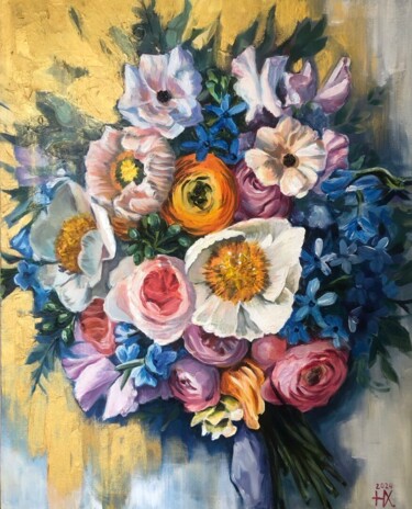 Schilderij getiteld "Painting flowers on…" door Natal A Hudakova, Origineel Kunstwerk, Acryl Gemonteerd op Frame voor houten…