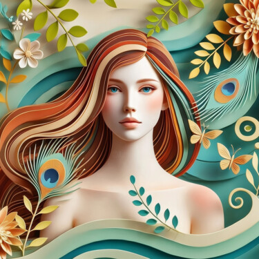 Whispering Waves: A Digital Papercraft Portrait Цифровое искусство под названием "Whispering Waves: A…" - Alberto Capitani, Подлинное произведение искусства, Изображение, с…