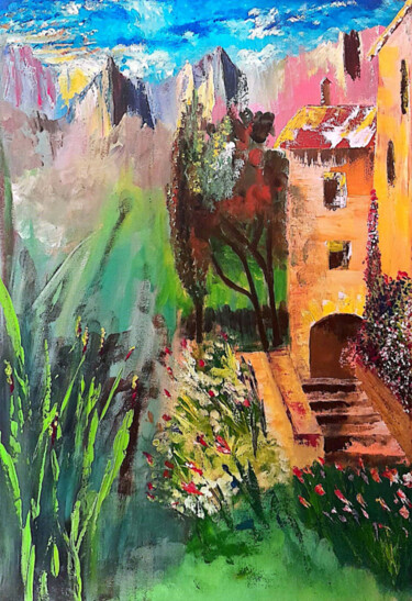 Peinture intitulée "Le mas provençal" par Isabelle Martinez, Œuvre d'art originale, Acrylique Monté sur Panneau de bois