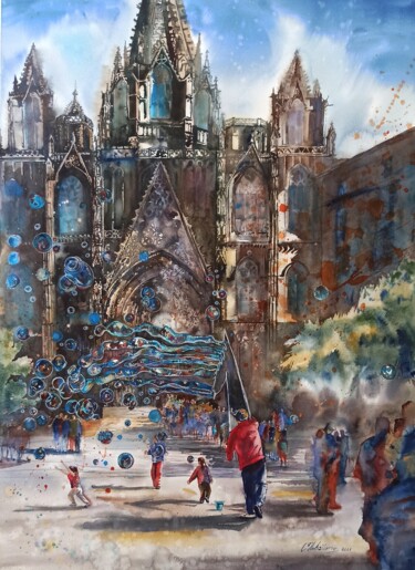 Once Upon a Time in Barcelona Peinture intitulée "Once Upon a Time in…" par Olena Koliesnik, Œuvre d'art originale, Aquarelle Monté sur Panneau de bois