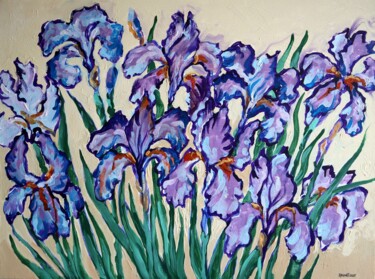 Painting titled "Irises on Cream" by Rakhmet Redzhepov, Original Artwork, Oil Mounted on Wood Stretcher frame