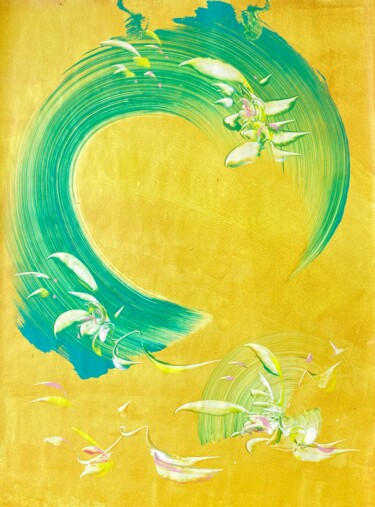 Painting titled ""GREEN FLOW SUN LOV…" by Delphine Bernard, Original Artwork, Acrylic Mounted on Other rigid panel